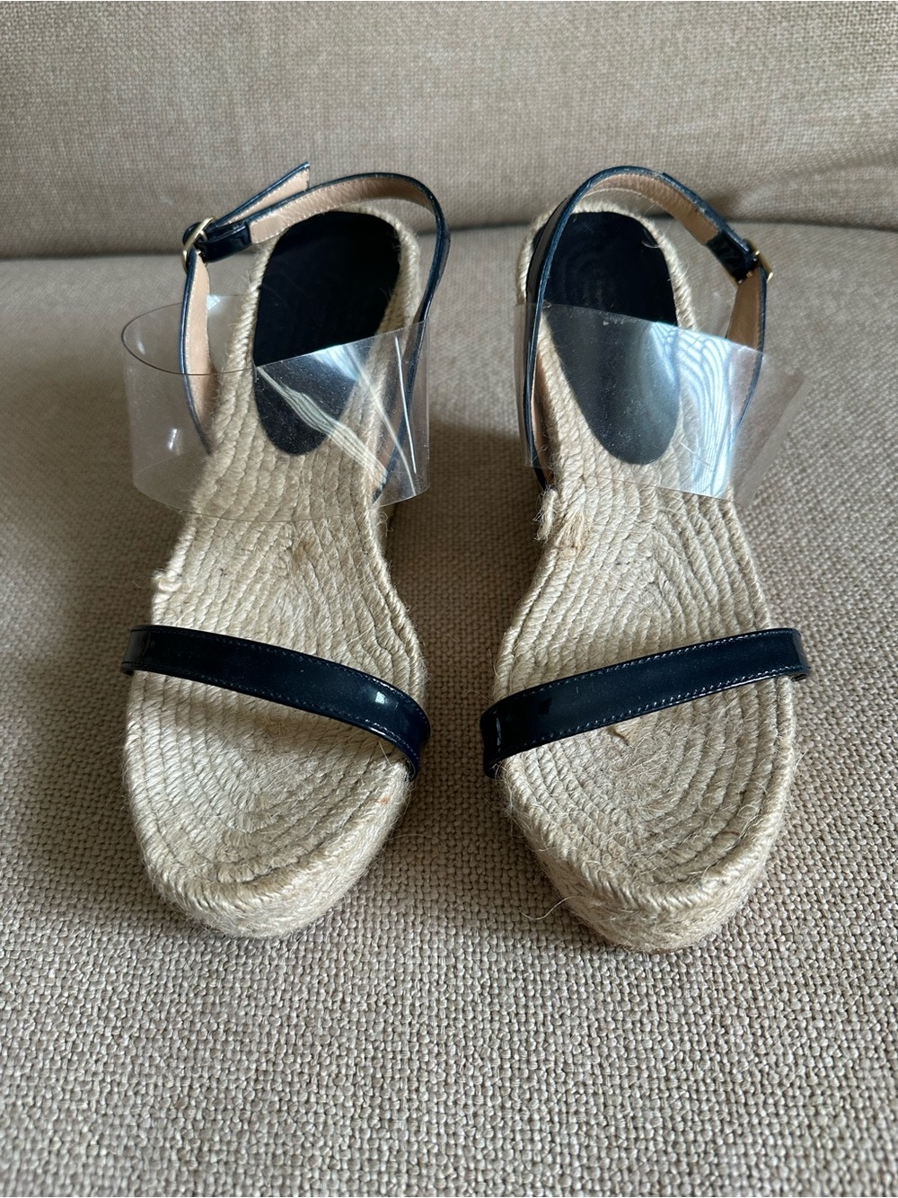 Bettye Muller Navy Patent Leather and Clear Espadrille Wedge Sandals